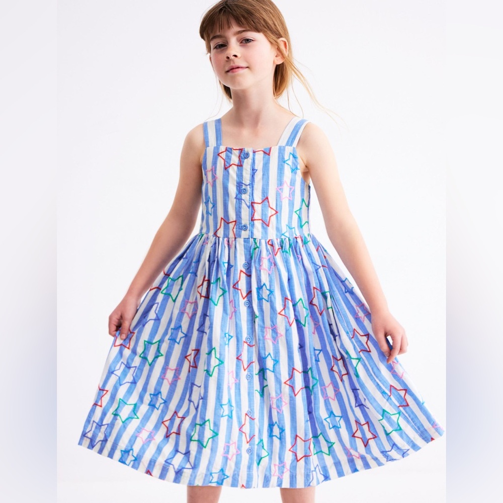 Mini Boden Blue Striped Dress with Multicolor Stars 4-5Y